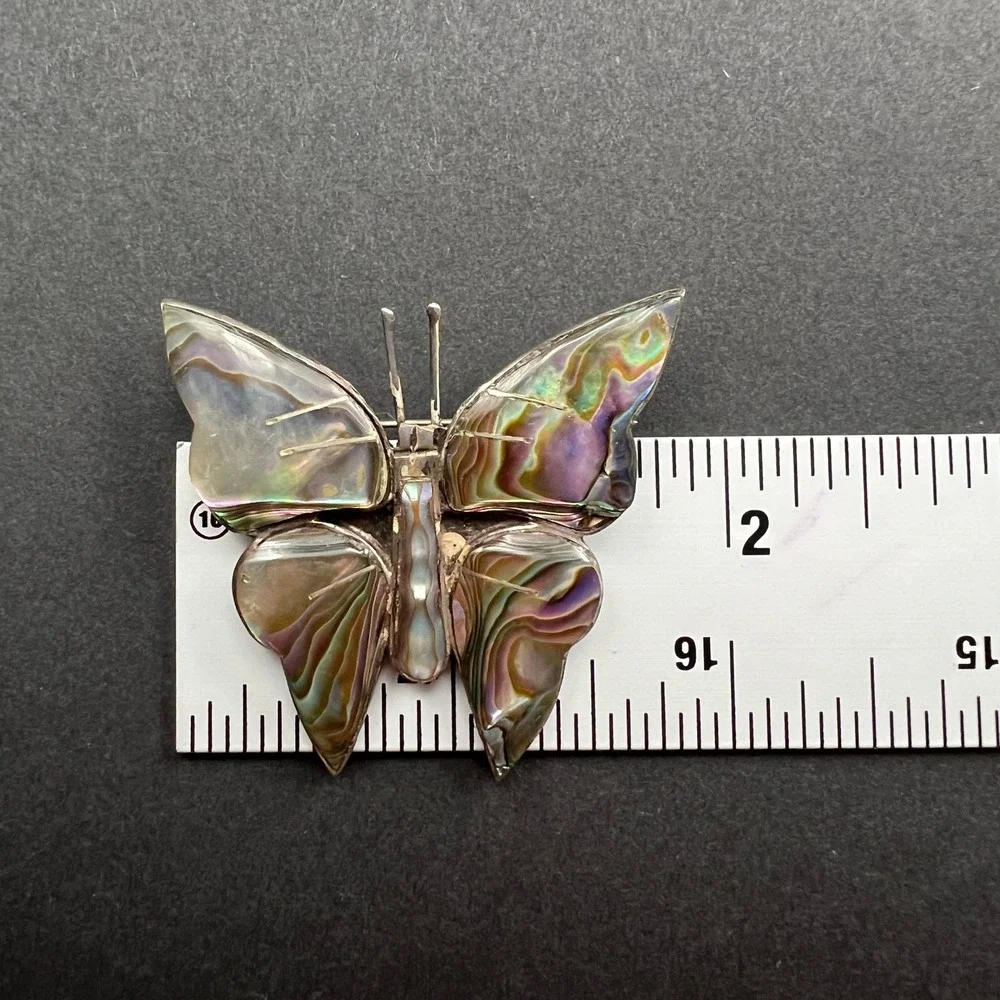 Vintage Butterfly Brooch Mexico Sterling Silver Abalone Shell Insect 2